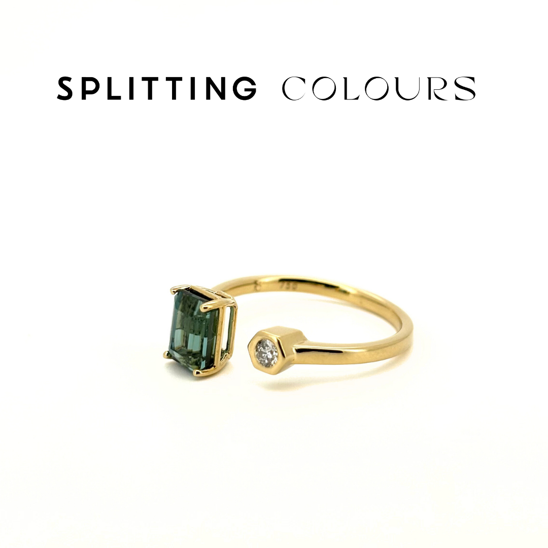 The Satellite Ring – 1.25ct Dark Greenish Blue Tourmaline With Diamond