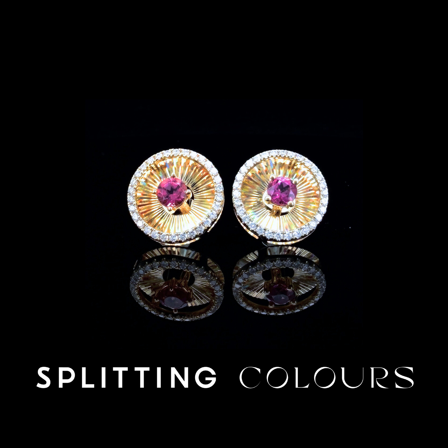 Golden Prism - Pink Tourmaline/ Diamonds Round Medallion Earrings