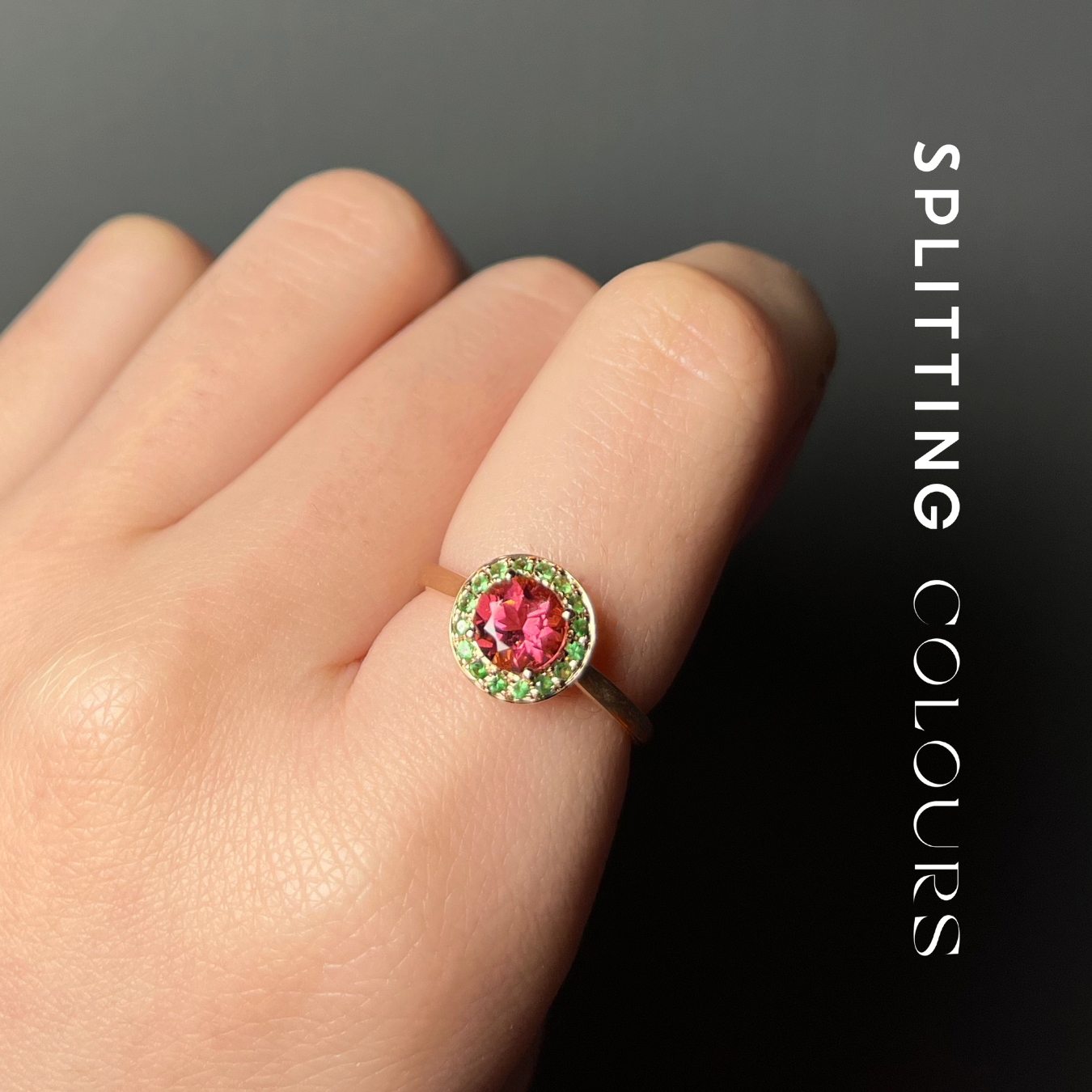 The Cyclone Ring – 0.75ct Rosy Pink Tourmaline with Tsavorite Garnet