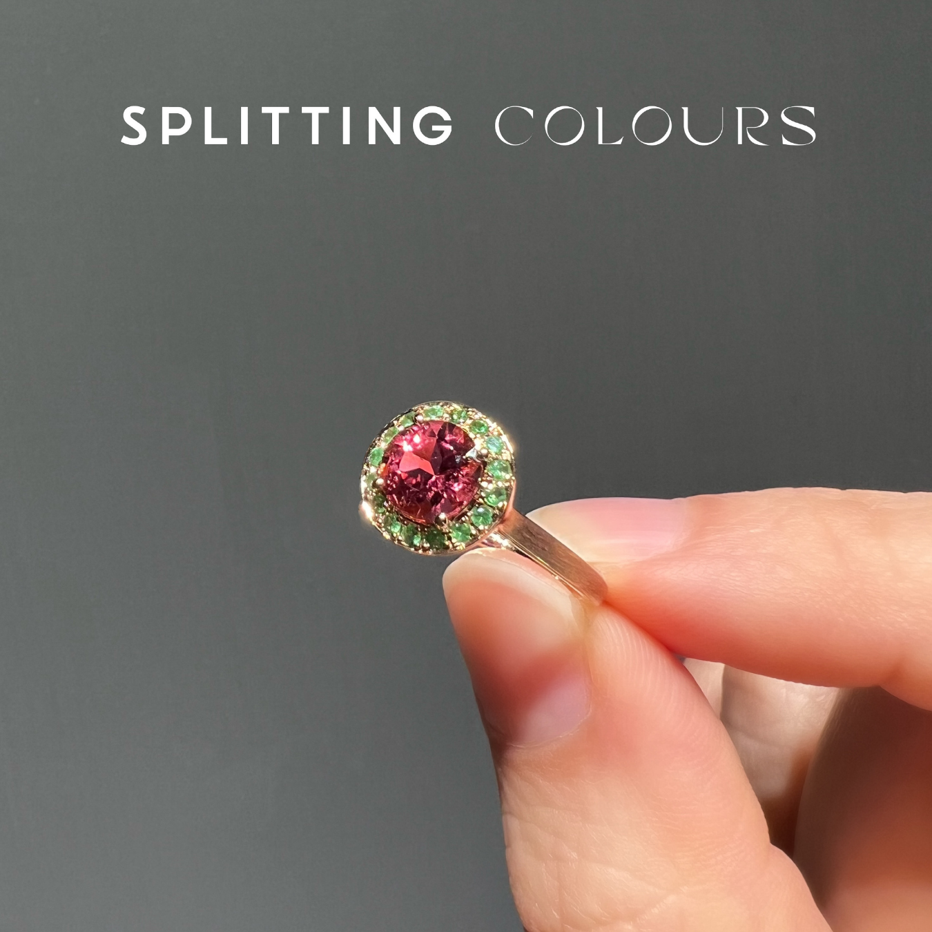 The Cyclone Ring – 0.75ct Rosy Pink Tourmaline with Tsavorite Garnet