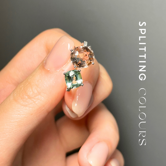 The Satellite Ring – 3.28ct Peach & Misty Green Tourmalines