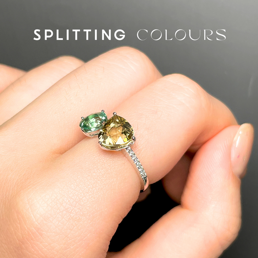 The Satellite Ring – 3.39ct Mint Green and Pale Orange Tourmalines