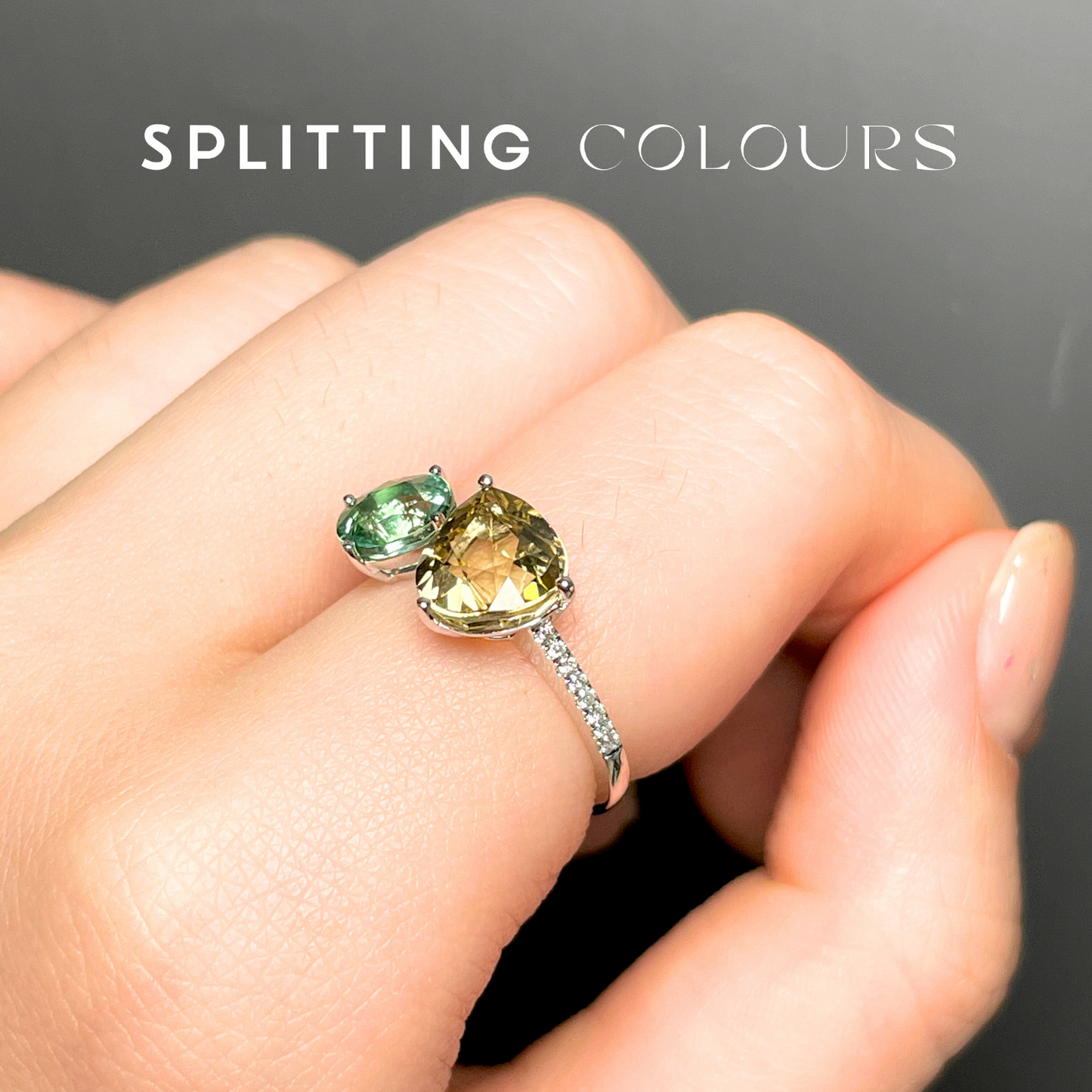 The Satellite Ring – 3.39ct Mint Green and Pale Orange Tourmalines with Diamonds
