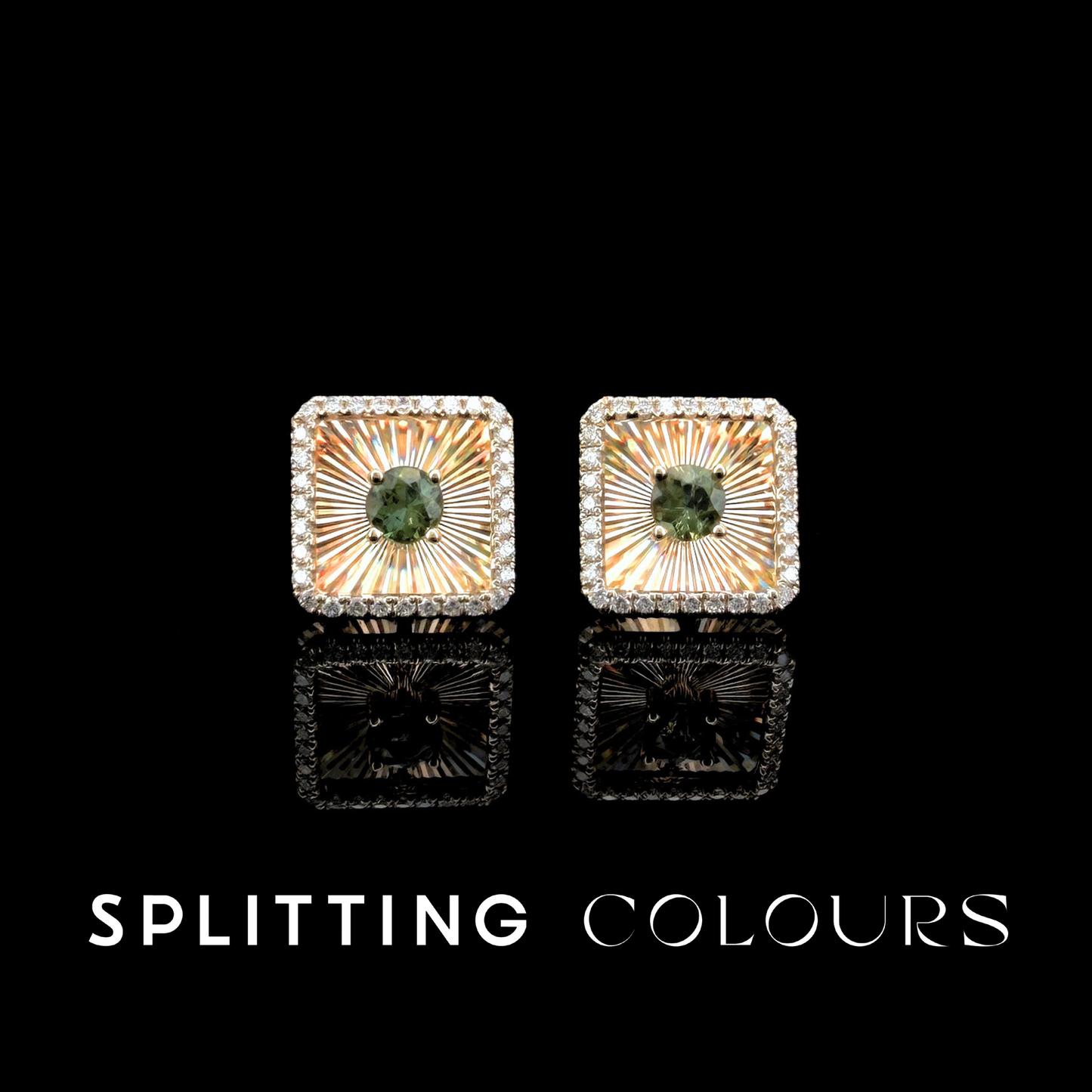 Golden Prism - Green Tourmaline/ Diamonds Square Medallion Earrings