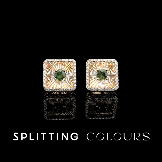 Golden Prism - Green Tourmaline/ Diamonds Square Medallion Earrings