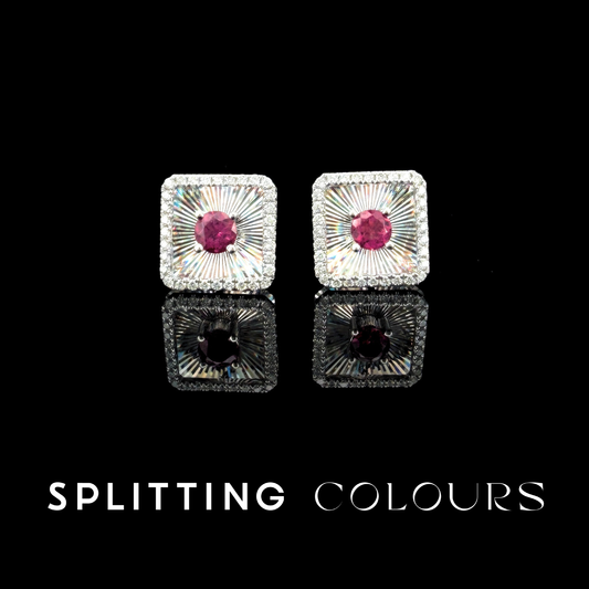 Golden Prism - Pink Tourmaline/ Diamonds Square Medallion Earrings
