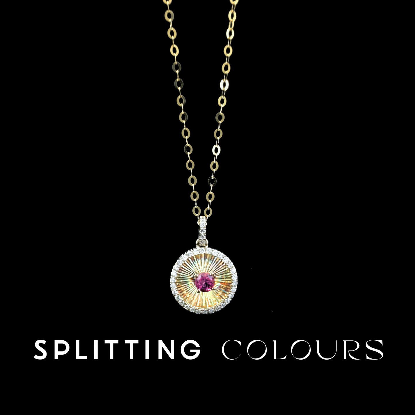 Golden Prism - Pink Tourmaline/ Diamonds Round Medallion Pendant