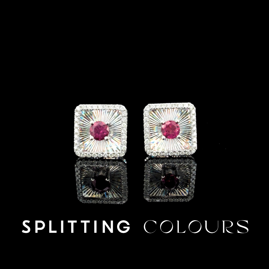 Golden Prism - Pink Tourmaline/ Diamonds Square Medallion Earrings