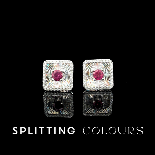 Golden Prism - Pink Tourmaline/ Diamonds Square Medallion Earrings